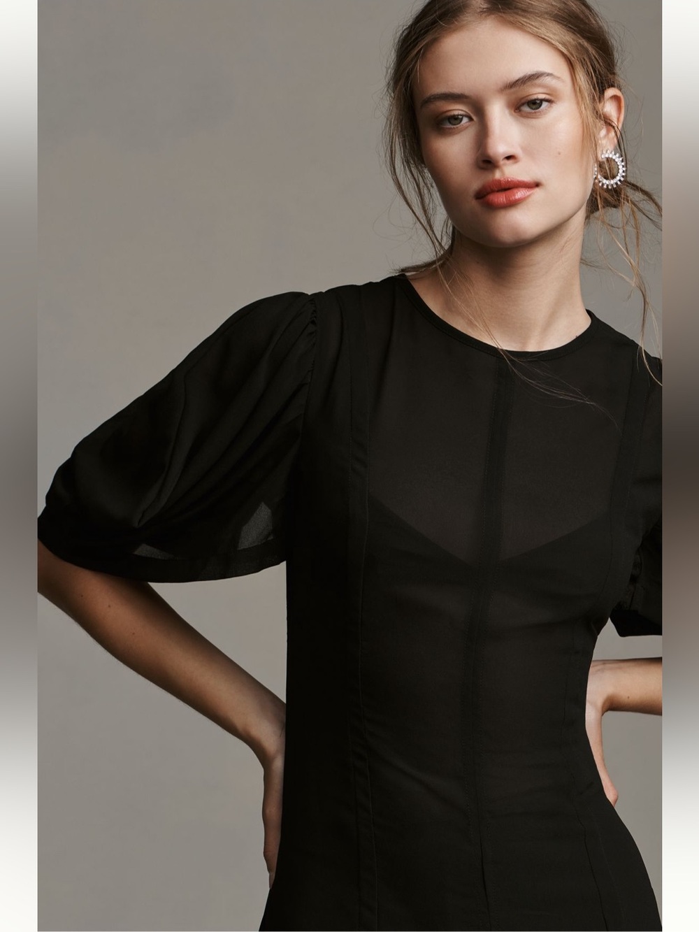 NWT Sold Out Anthropologie Modern Sheer Midi Dress with Puff Sleeves Size 12 - Picture 4 of 16